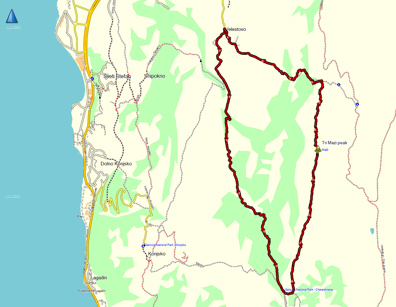 Tri Mazi peak in Galicica National Park GPS map