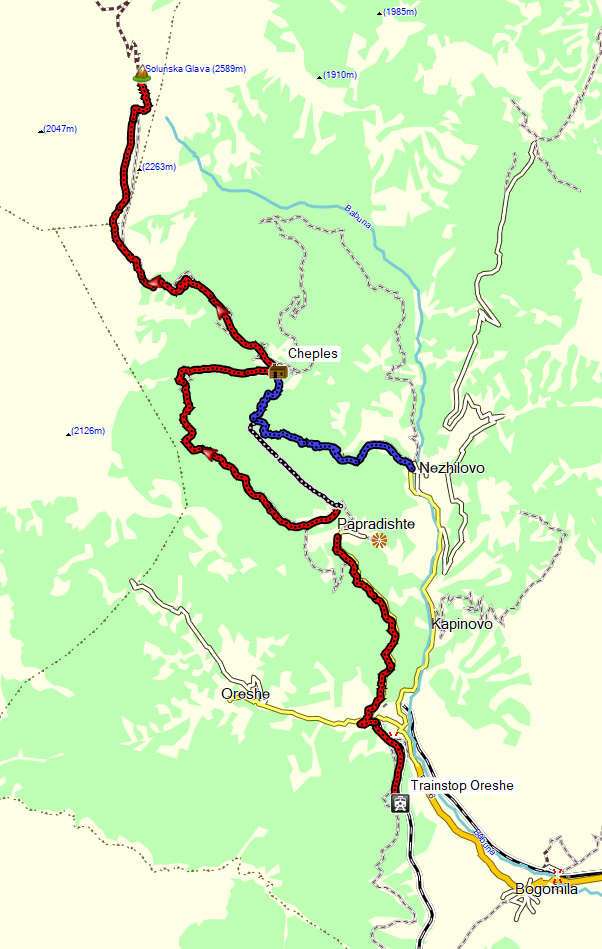 Hiking trails to mountain hut Cheples and Solunska Glava GPS map