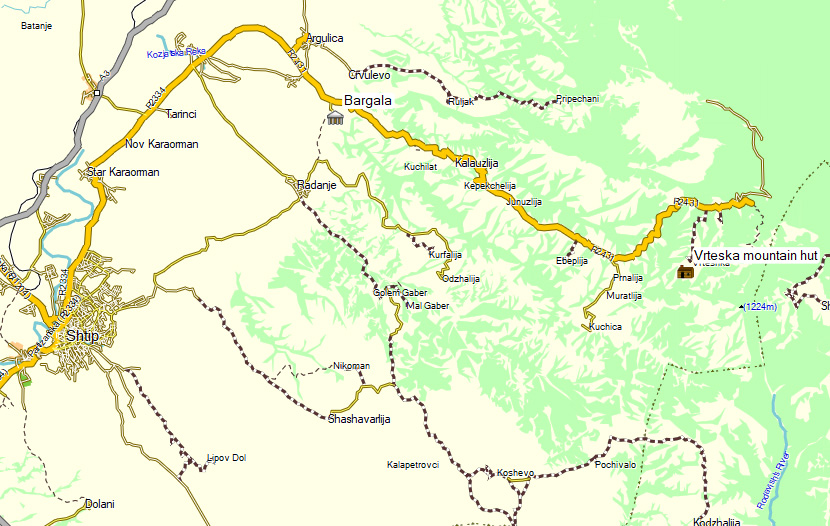 Location of archeological site Bargala and Vrteska moutain hut near Shtip