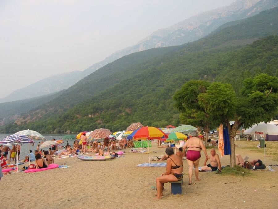 Beach at camp site St Naum near Lubanishta at Lake Ohrid