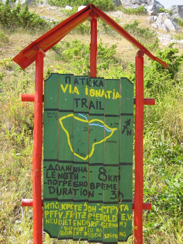Signpost for the Via Egnatia hiking trail near Gorna Belica