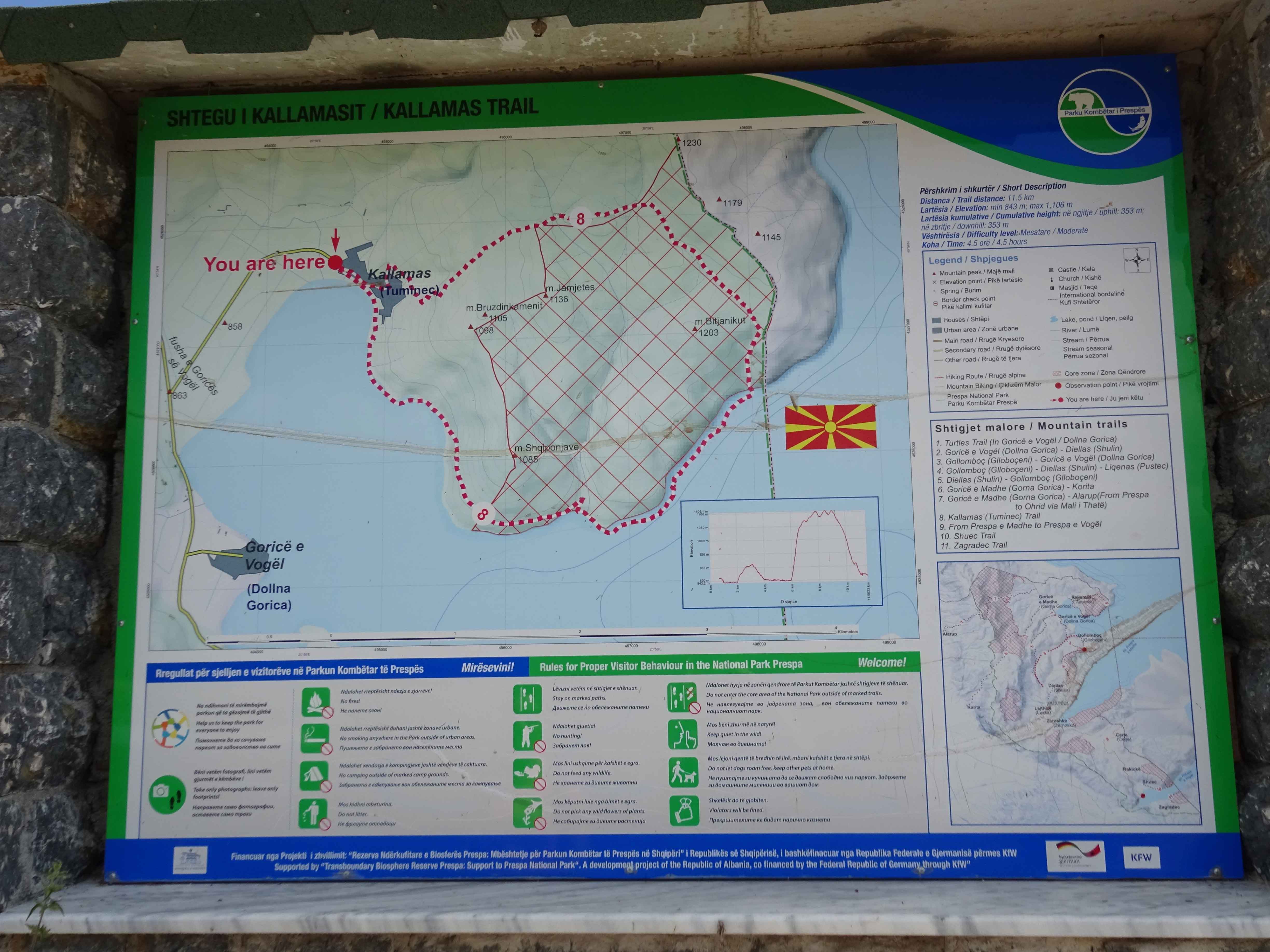 Information panel for Tuminec Kallamas hike at Lake Prespa