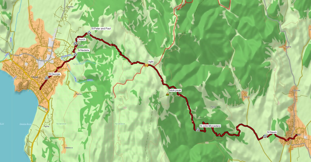 Map of Resen to Ohrid hike in Galicica National Park near Ohrid