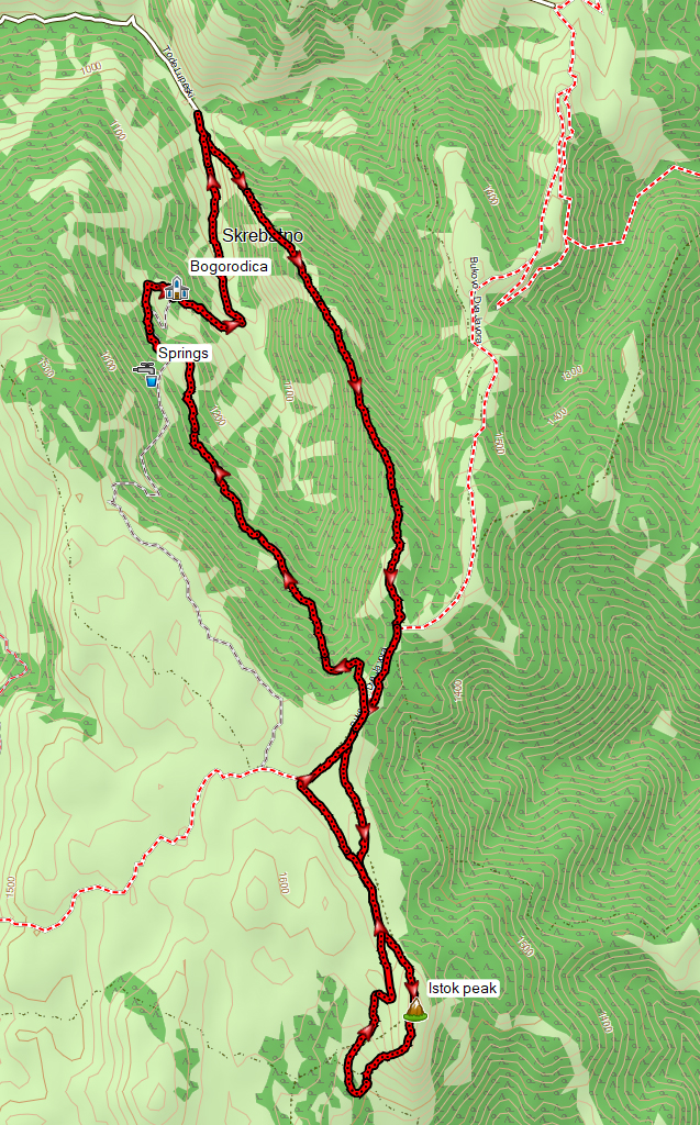 Map of Skrebatno to Istok peak hike in Galicica National Park in Macedonia