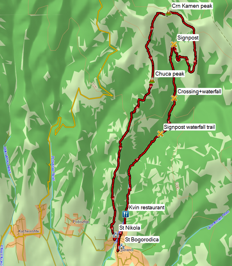 Ljubanci-Crn Kamen hike small waterfall trail North Macedonia